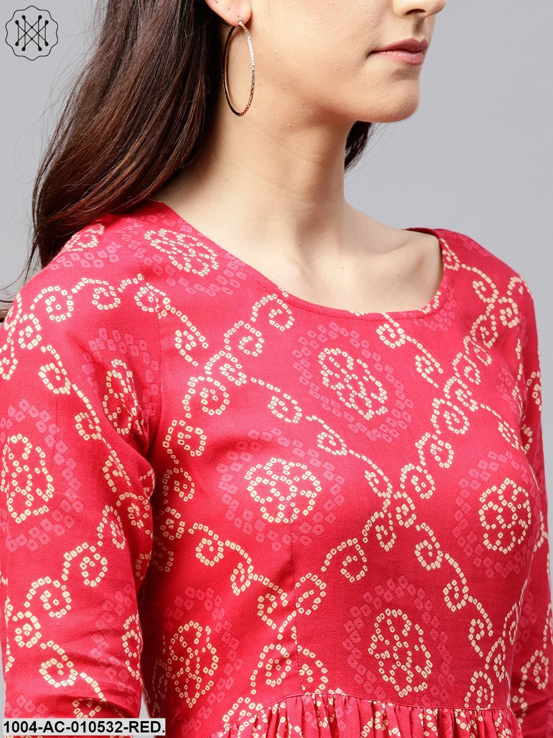 Red Printed Maxi Dress With Round Neck And 3/4 Sleeves