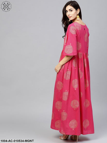 Magenta Printed Maxi Dress With V-Neck And Flared Half Slevees