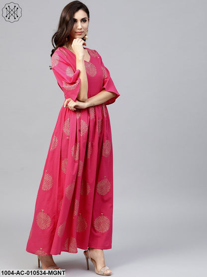 Magenta Printed Maxi Dress With V-Neck And Flared Half Slevees