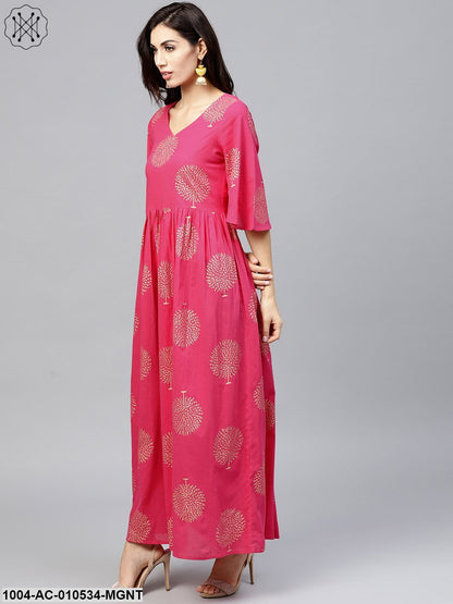 Magenta Printed Maxi Dress With V-Neck And Flared Half Slevees