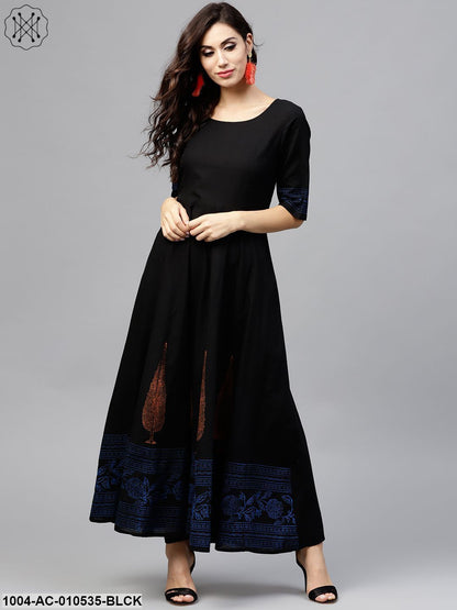 Black Block Printed Maxi Dress With Round Neck AndHalfsleevs