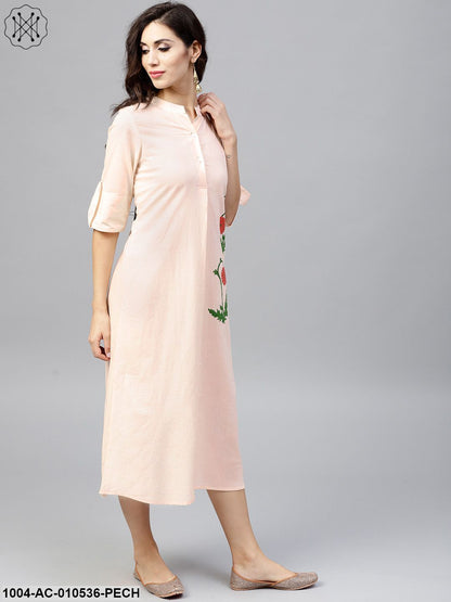 Light Peach Madarin Collar Dress With Front Placket And Half Sleeves