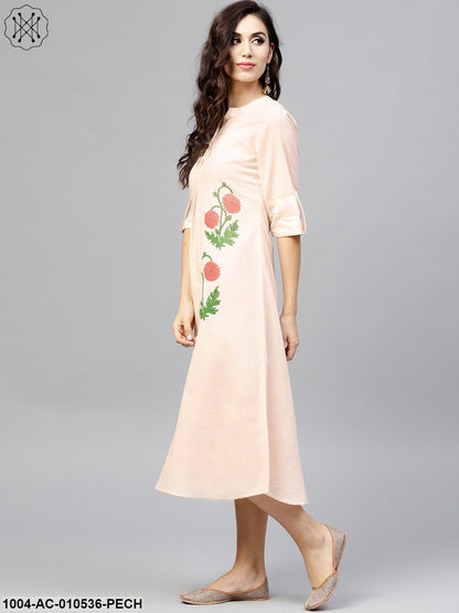 Light Peach Madarin Collar Dress With Front Placket And Half Sleeves