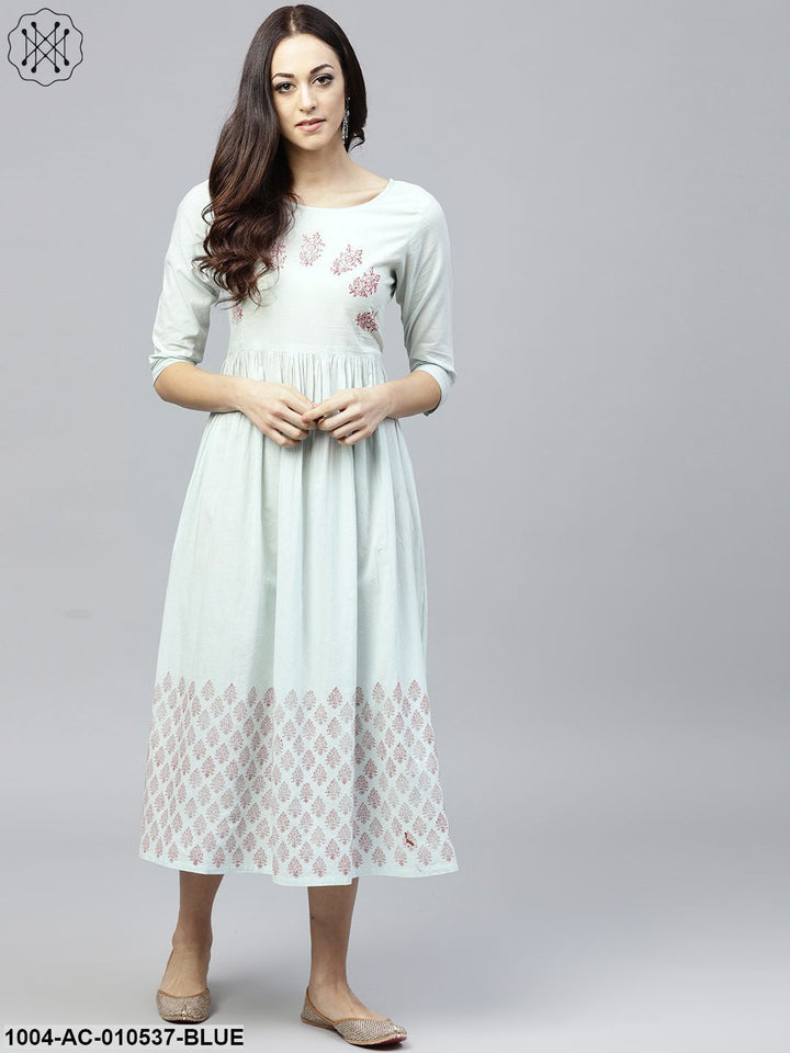 Powder Blue Block Printed Dress With Round Neck And 3/4 Sleeves