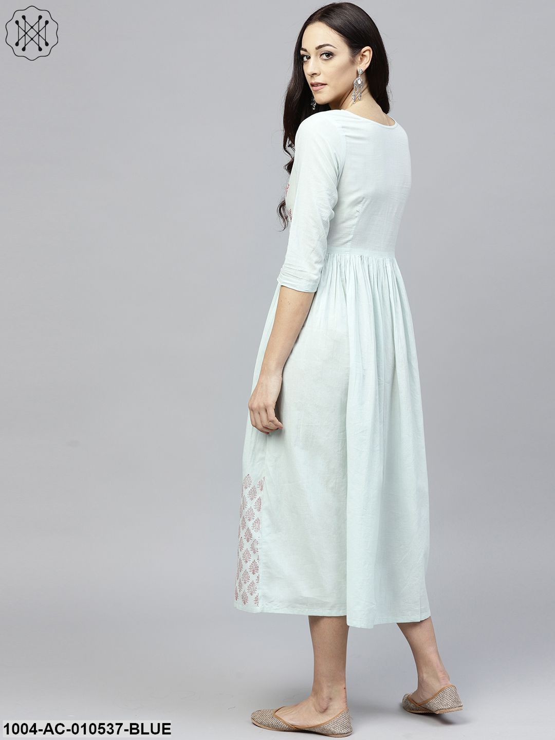Powder Blue Block Printed Dress With Round Neck And 3/4 Sleeves