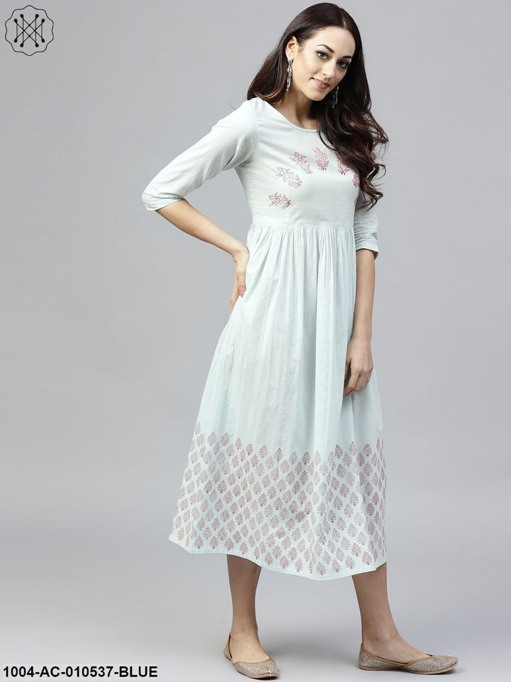 Powder Blue Block Printed Dress With Round Neck And 3/4 Sleeves
