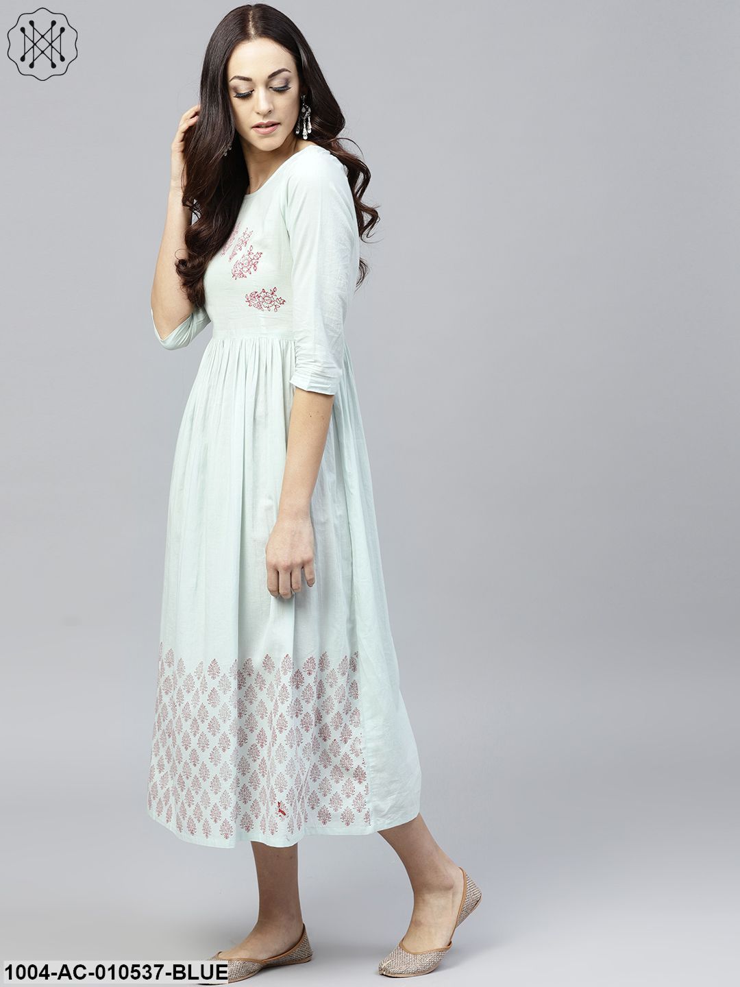Powder Blue Block Printed Dress With Round Neck And 3/4 Sleeves