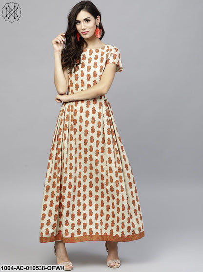 Off White Printed Maxi Dress With Round Neck And Half Sleeves