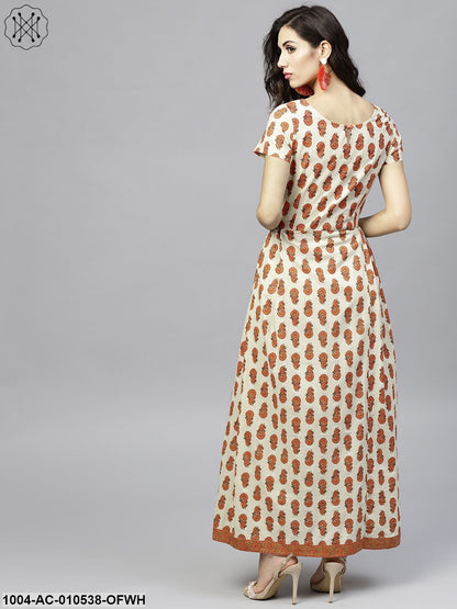 Off White Printed Maxi Dress With Round Neck And Half Sleeves