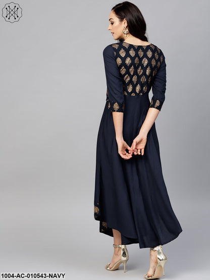 Navy Blue3/4Th Sleeve Printed Maxi Dress With Round Neck