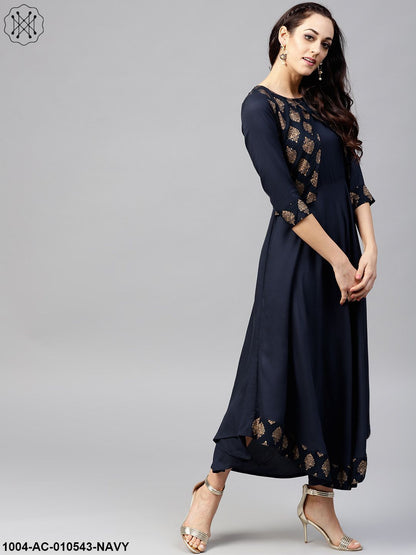 Navy Blue3/4Th Sleeve Printed Maxi Dress With Round Neck