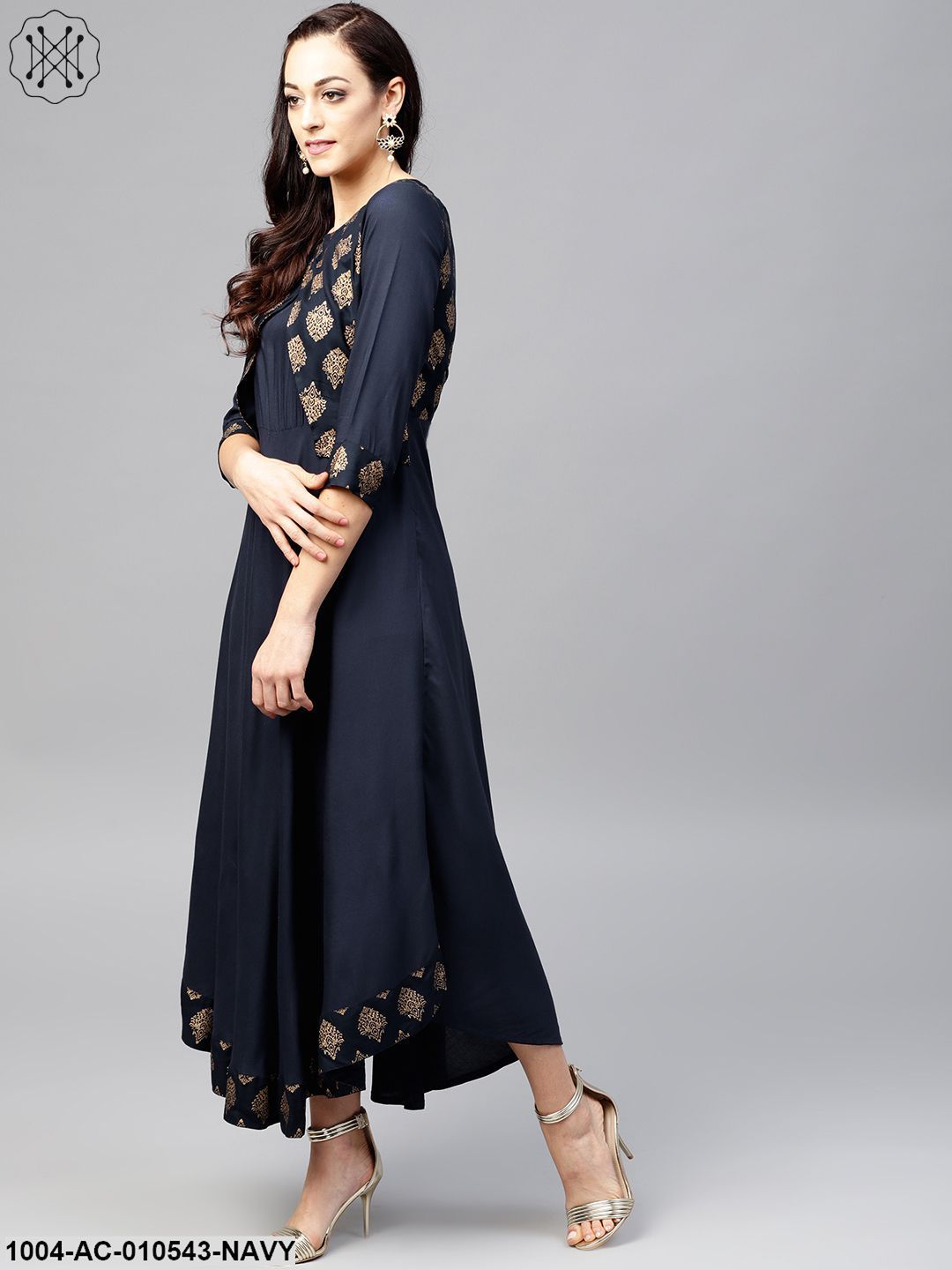 Navy Blue3/4Th Sleeve Printed Maxi Dress With Round Neck