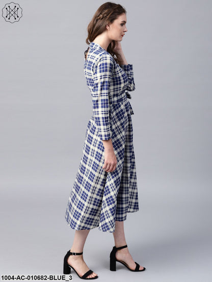 Blue Printed 3/4Th Sleeve Cotton A-Line Maxi Dress