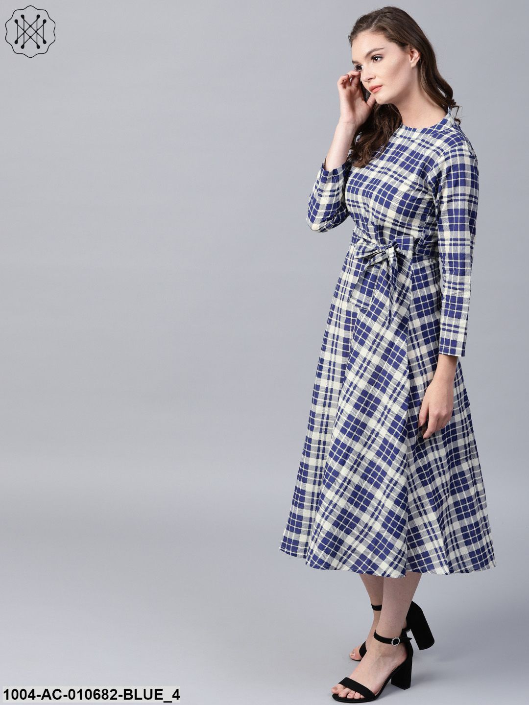 Blue Printed 3/4Th Sleeve Cotton A-Line Maxi Dress