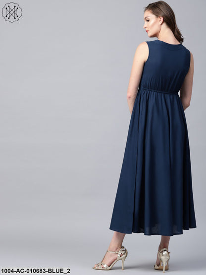 Blue Sleeveless Cotton A-Line Maxi Dress With Yoke Printed