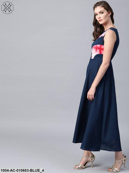 Blue Sleeveless Cotton A-Line Maxi Dress With Yoke Printed