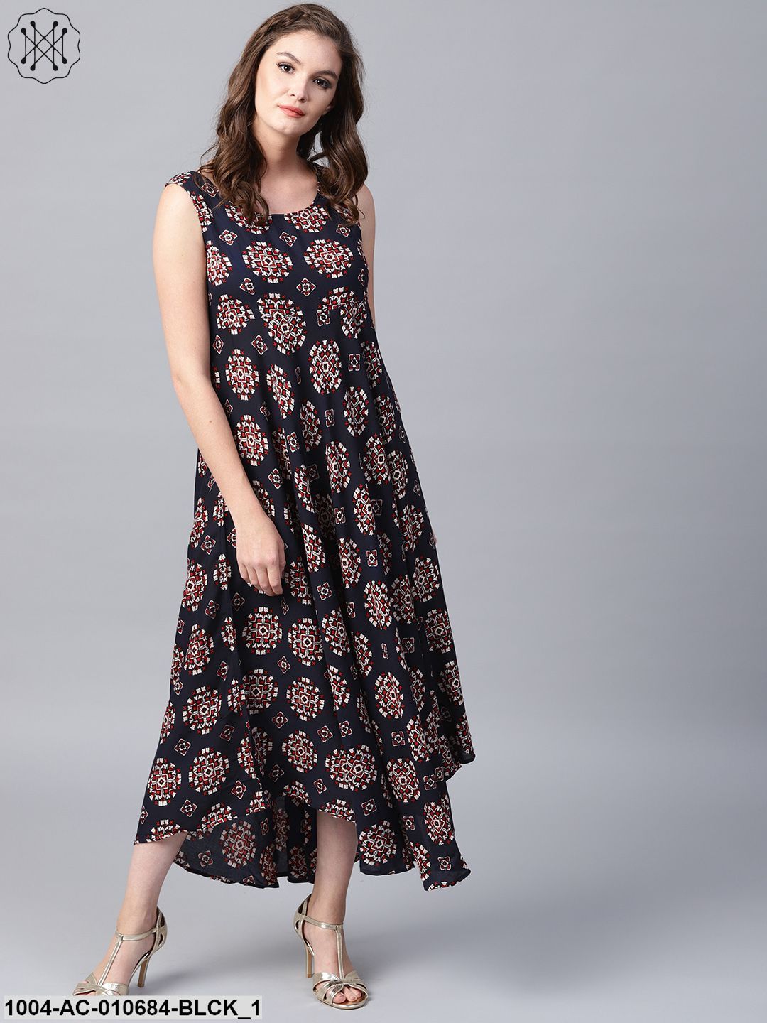 Black Printed Sleeveless Cotton Flared Maxi Dress