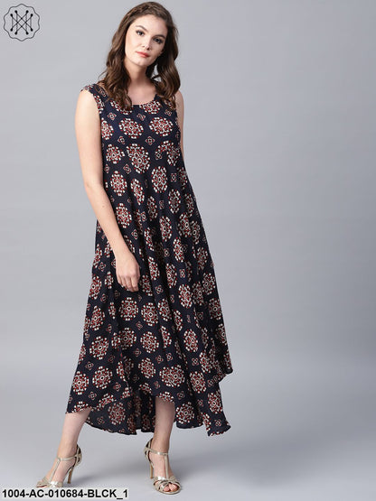 Black Printed Sleeveless Cotton Flared Maxi Dress