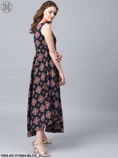 Black Printed Sleeveless Cotton Flared Maxi Dress