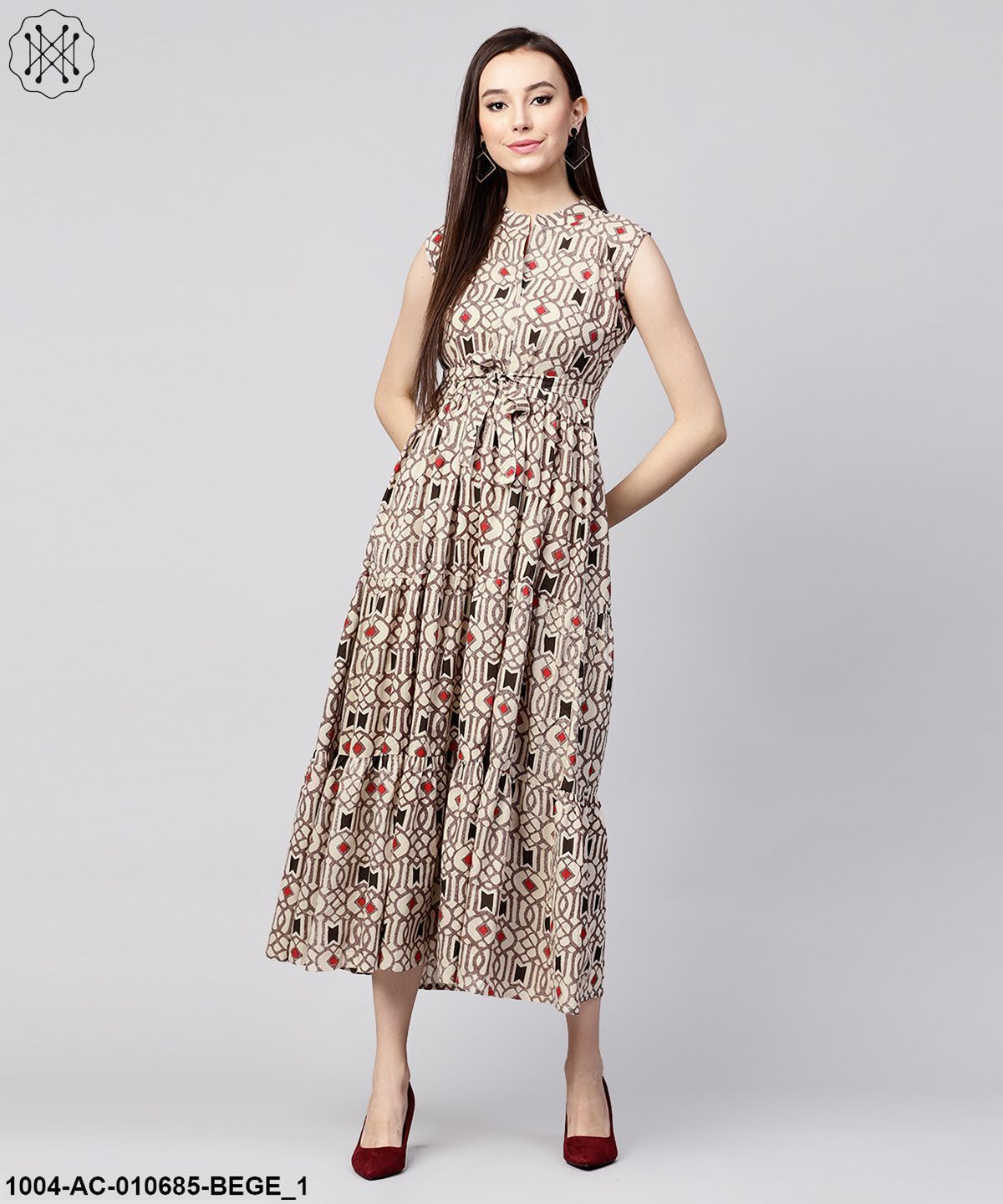 Beige Printed Sleeveless Cotton Maxi Dress
