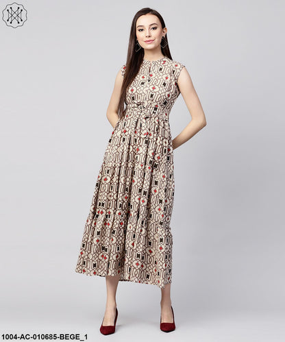 Beige Printed Sleeveless Cotton Maxi Dress