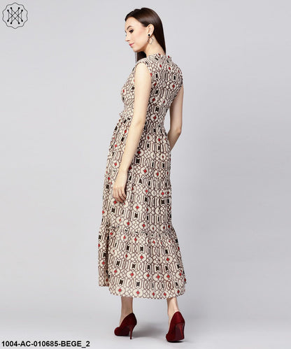 Beige Printed Sleeveless Cotton Maxi Dress