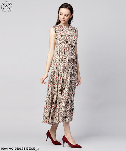 Beige Printed Sleeveless Cotton Maxi Dress