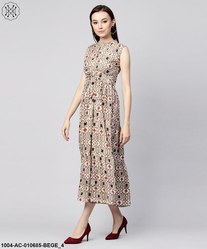 Beige Printed Sleeveless Cotton Maxi Dress