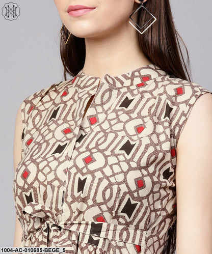 Beige Printed Sleeveless Cotton Maxi Dress