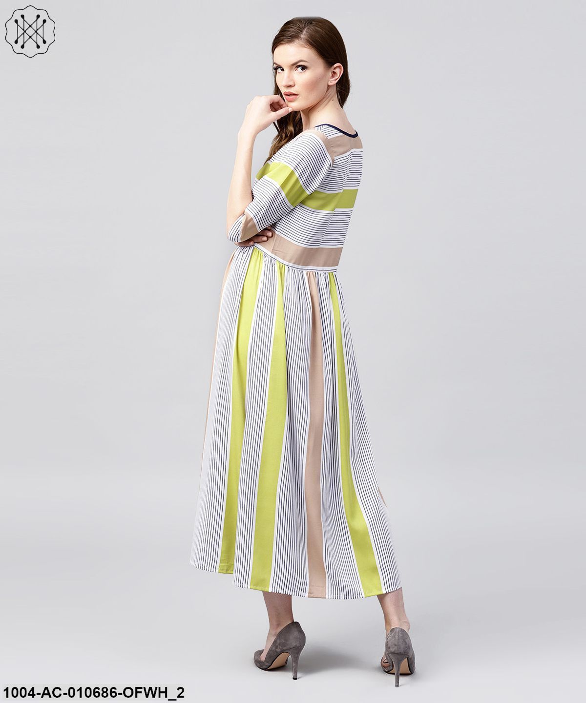 Off White Half Sleeve Striped Crepe Maxi Dress