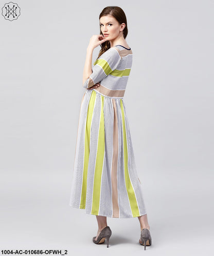 Off White Half Sleeve Striped Crepe Maxi Dress