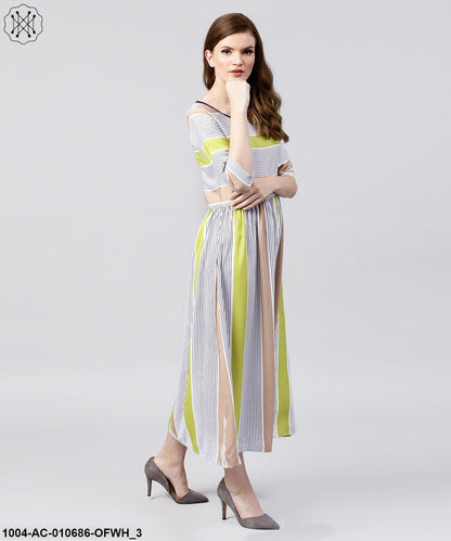 Off White Half Sleeve Striped Crepe Maxi Dress