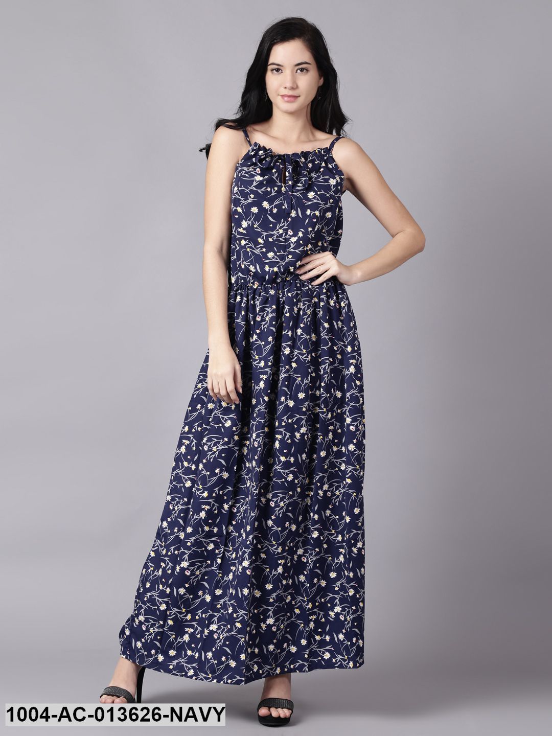 Navy Blue Floral Printed Shoulder Straps A-Line Dress