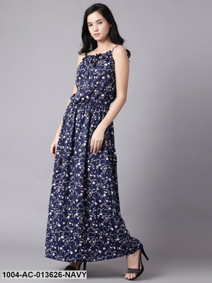 Navy Blue Floral Printed Shoulder Straps A-Line Dress