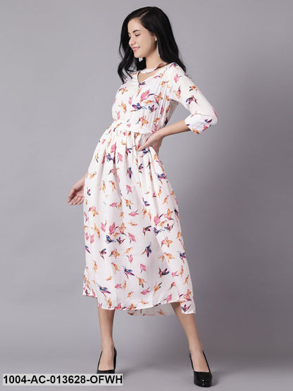 Off-white Floral Printed Choker Neck A-Line Dress