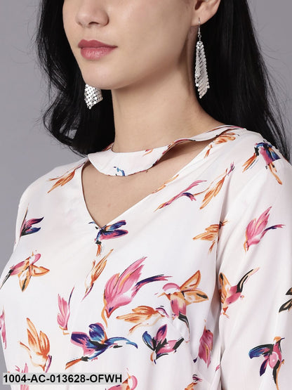 Off-white Floral Printed Choker Neck A-Line Dress