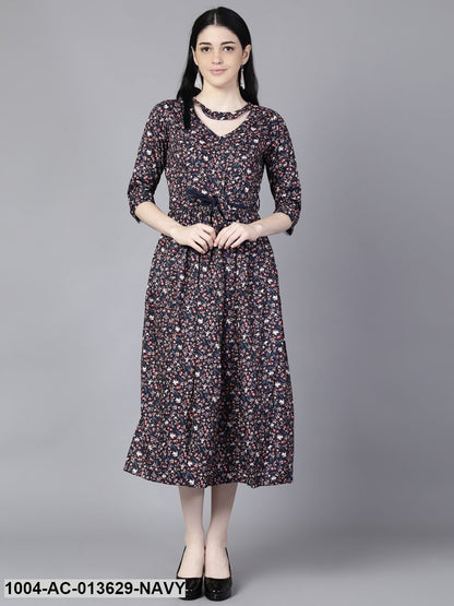 Navy Blue Floral Printed Choker Neck A-Line Dress