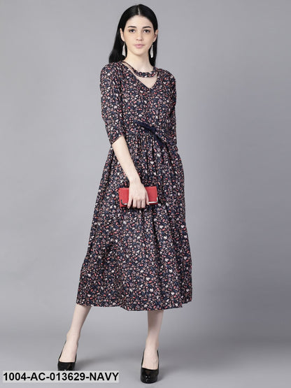 Navy Blue Floral Printed Choker Neck A-Line Dress