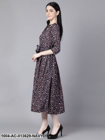 Navy Blue Floral Printed Choker Neck A-Line Dress