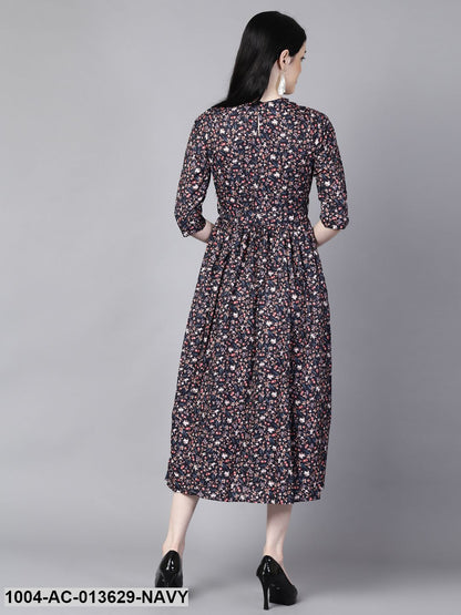 Navy Blue Floral Printed Choker Neck A-Line Dress