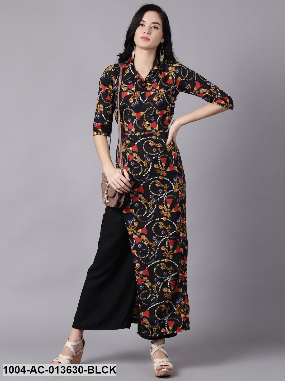 Black Conversational Printed Shirt Collar A-Line Dress
