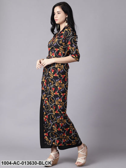 Black Conversational Printed Shirt Collar A-Line Dress