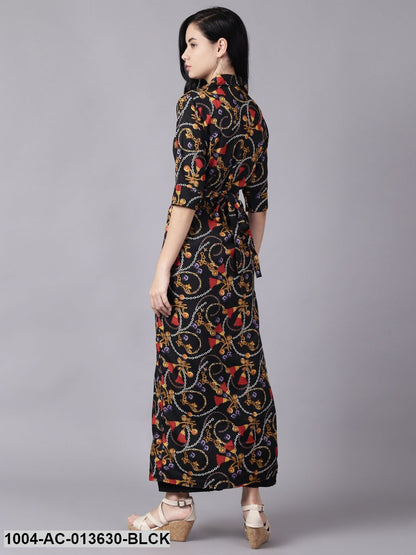 Black Conversational Printed Shirt Collar A-Line Dress
