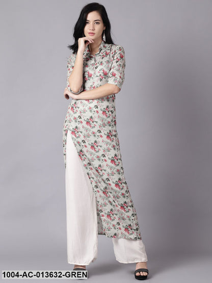 Green Floral Printed Shirt Collar A-Line Dress