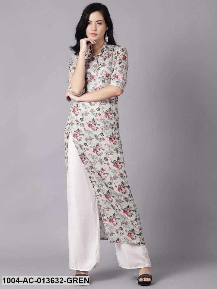 Green Floral Printed Shirt Collar A-Line Dress
