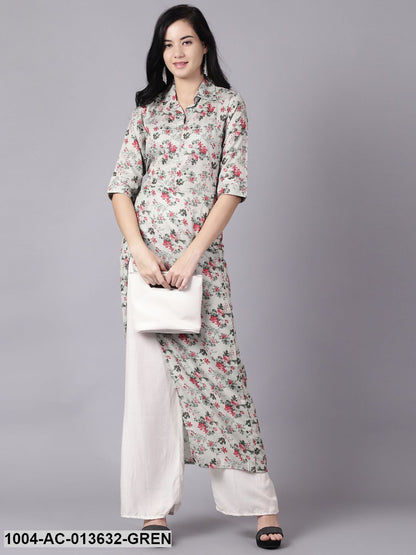 Green Floral Printed Shirt Collar A-Line Dress