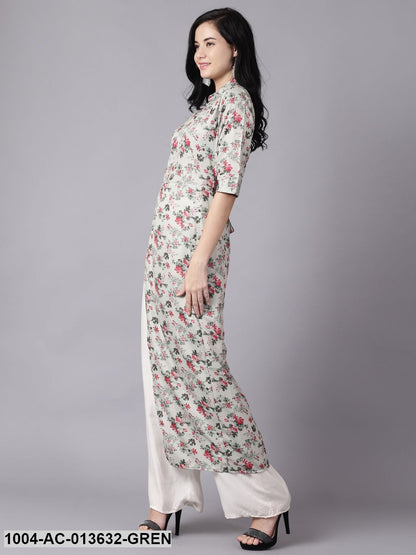 Green Floral Printed Shirt Collar A-Line Dress
