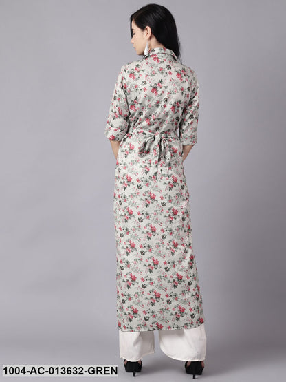 Green Floral Printed Shirt Collar A-Line Dress