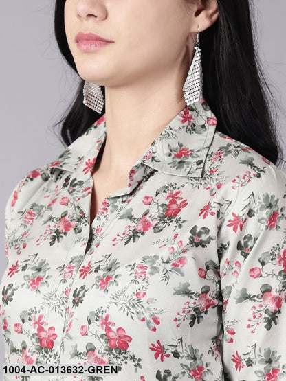 Green Floral Printed Shirt Collar A-Line Dress