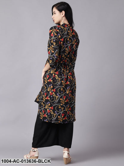 Black Conversational Printed Mandarin Collar A-Line Dress